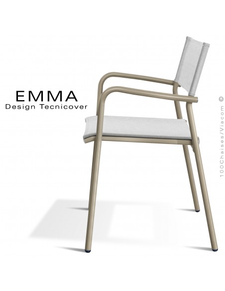 Fauteuil d'extérieur EMMA, structure aluminium peint beige, assise et dossier Batyline couleur blanc.