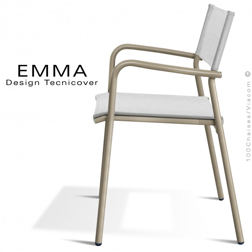 Fauteuil d'extérieur EMMA, structure aluminium peint beige, assise et dossier Batyline couleur blanc.