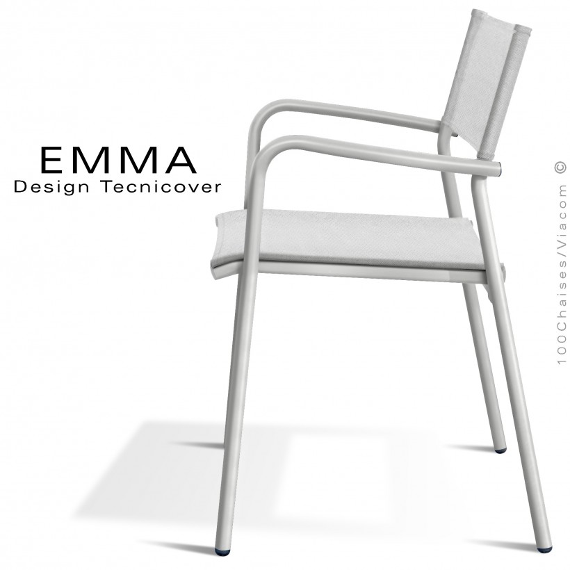 Fauteuil d'extérieur EMMA, structure aluminium peint blanc perle, assise et dossier Batyline couleur blanc.