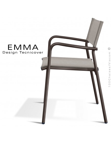 Fauteuil d'extérieur EMMA, structure aluminium peint bronze, assise et dossier Batyline couleur taupe.