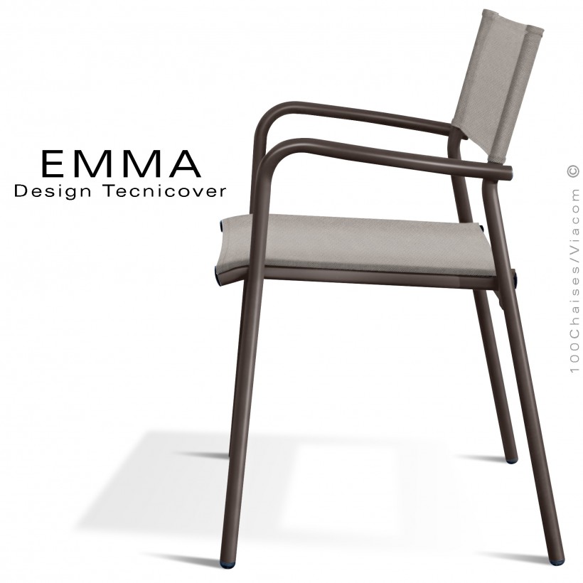 Fauteuil d'extérieur EMMA, structure aluminium peint bronze, assise et dossier Batyline couleur taupe.