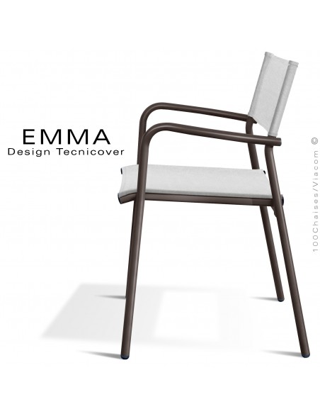 Fauteuil d'extérieur EMMA, structure aluminium peint bronze, assise et dossier Batyline couleur blanc.