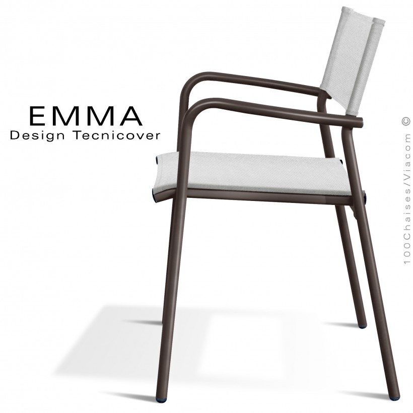 Fauteuil d'extérieur EMMA, structure aluminium peint bronze, assise et dossier Batyline couleur blanc.