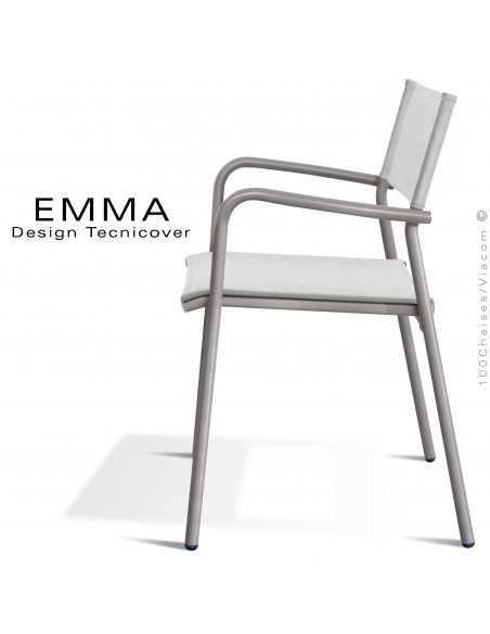 Fauteuil d'extérieur EMMA, structure aluminium peint gris tourterelle, assise et dossier Batyline couleur blanc.