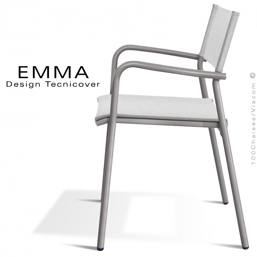 Fauteuil d'extérieur EMMA, structure aluminium peint gris tourterelle, assise et dossier Batyline couleur blanc.