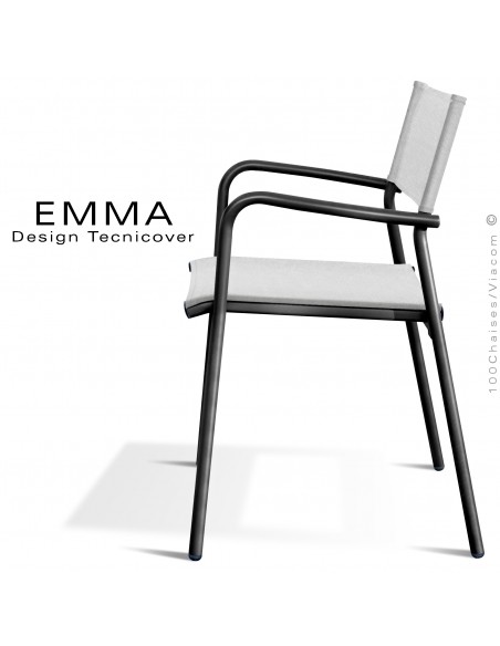 Fauteuil d'extérieur EMMA, structure aluminium peint noir, assise et dossier Batyline couleur blanc.