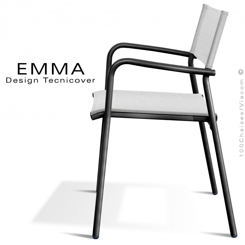 Fauteuil d'extérieur EMMA, structure aluminium peint noir, assise et dossier Batyline couleur blanc.