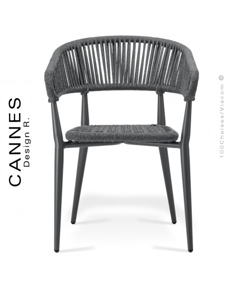 Fauteuil pour extérieur CANNES, structure aluminium peint anthracite, assise et dossier code tressée marine anthracite.