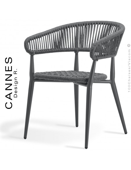 Fauteuil pour extérieur CANNES, structure aluminium peint anthracite, assise et dossier code tressée marine anthracite.