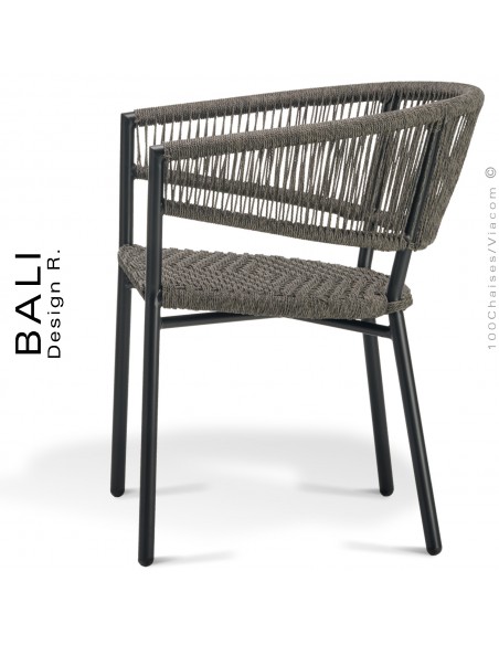 Fauteuil pour extérieur BALI, structure aluminium peint anthracite, assise et dossier corde tressée marine.