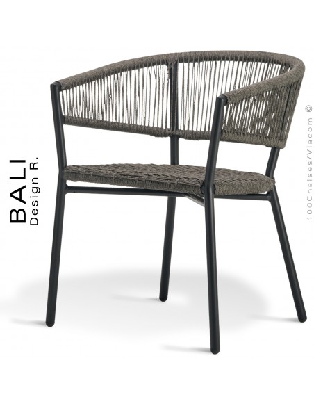 Fauteuil pour extérieur BALI, structure aluminium peint anthracite, assise et dossier corde tressée marine.