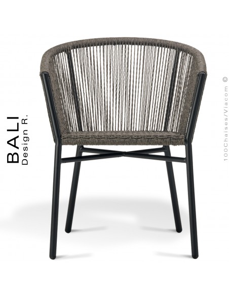 Fauteuil confort repas pour extérieur BALI, structure aluminium peint anthracite, assise et dossier corde tressée marine.