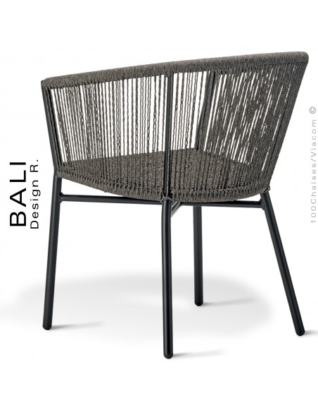 Fauteuil confort repas pour extérieur BALI, structure aluminium peint anthracite, assise et dossier corde tressée marine.