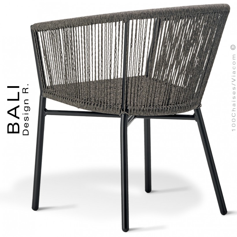 Fauteuil confort repas pour extérieur BALI, structure aluminium peint anthracite, assise et dossier corde tressée marine.