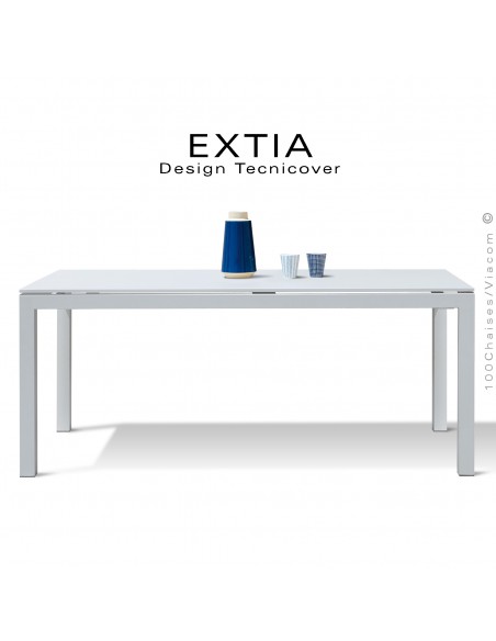 Table repas d'extérieur extensible EXTIA, structure acier galvanisé finition peint blanc, avec rallonge intégrée.