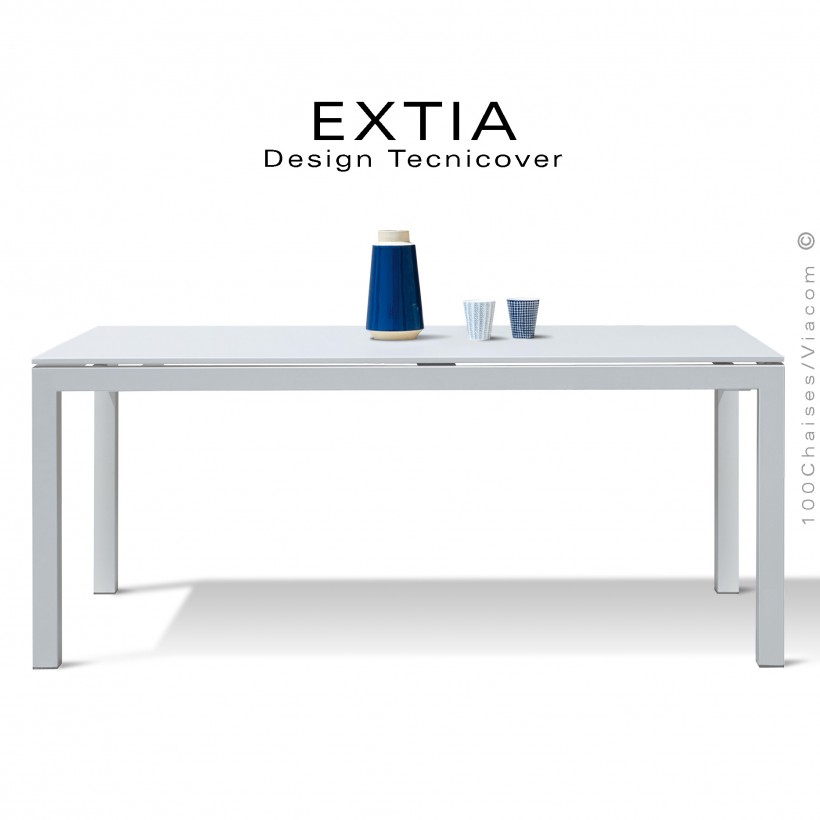 Table repas d'extérieur extensible EXTIA, structure acier galvanisé finition peint blanc, avec rallonge intégrée.