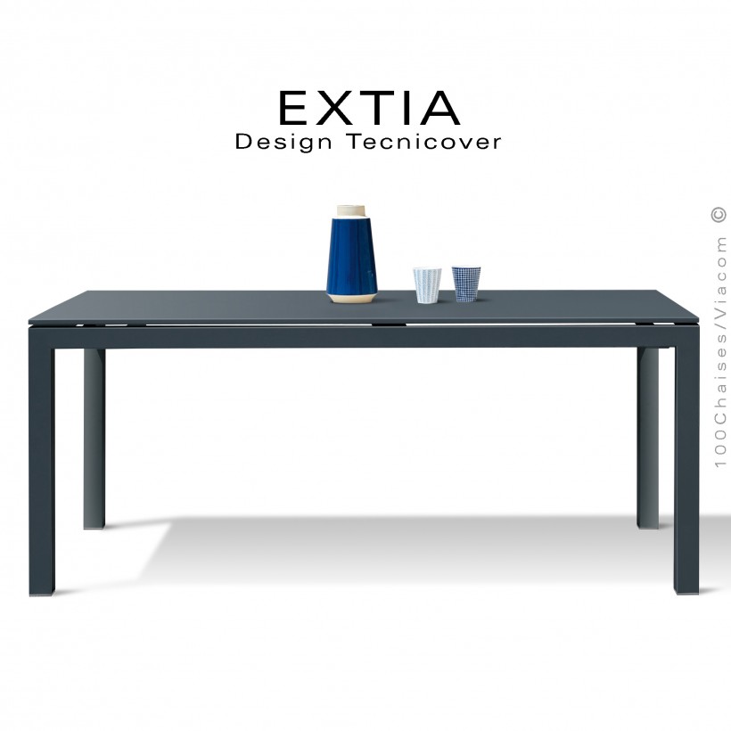 Table repas d'extérieur extensible EXTIA, structure acier galvanisé finition peint anthracite, avec rallonge intégrée.