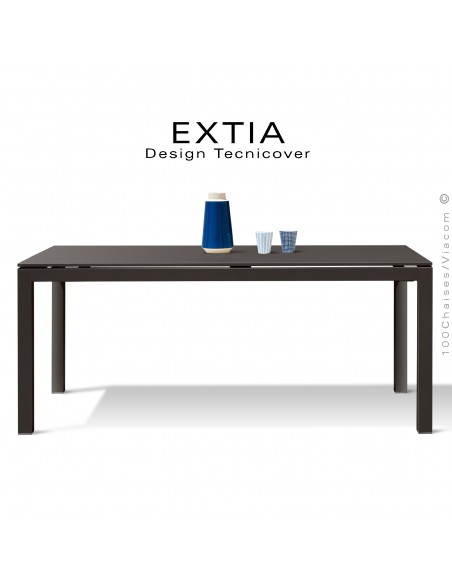 Table repas d'extérieur extensible EXTIA, structure acier galvanisé finition peint bronze, avec rallonge intégrée.