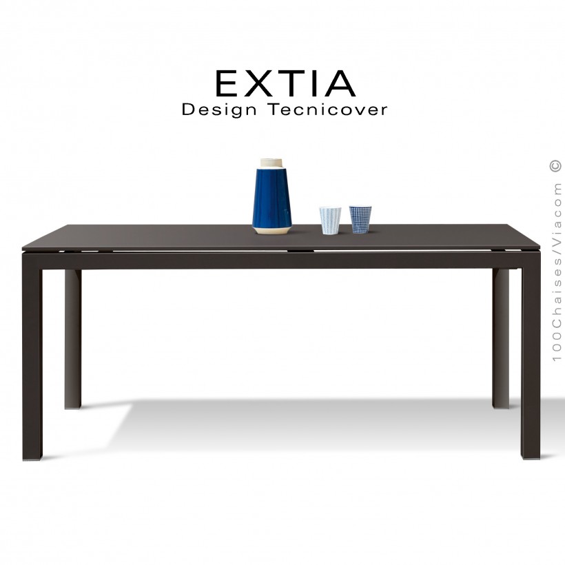 Table repas d'extérieur extensible EXTIA, structure acier galvanisé finition peint bronze, avec rallonge intégrée.