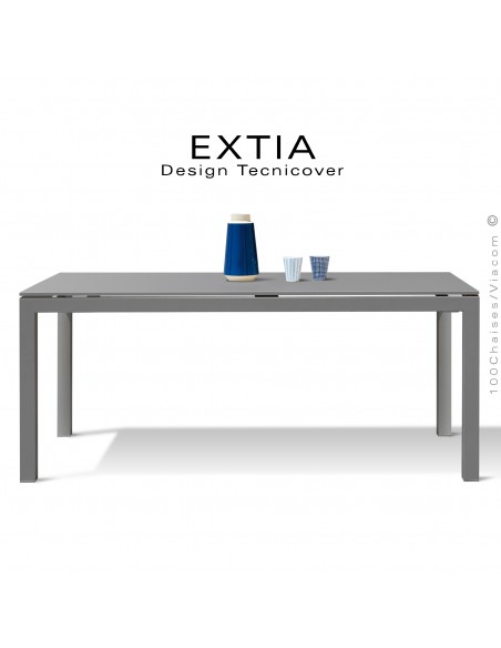 Table repas d'extérieur extensible EXTIA, structure acier galvanisé finition peint gris Tourterelle, avec rallonge intégrée.