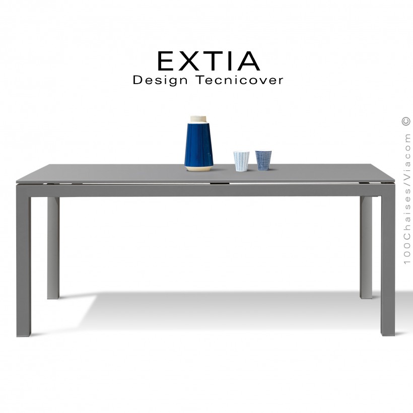 Table repas d'extérieur extensible EXTIA, structure acier galvanisé finition peint gris Tourterelle, avec rallonge intégrée.