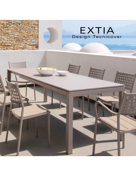 Table repas d'extérieur extensible EXTIA, structure acier galvanisé finition peint gris Tourterelle, position ouverte.