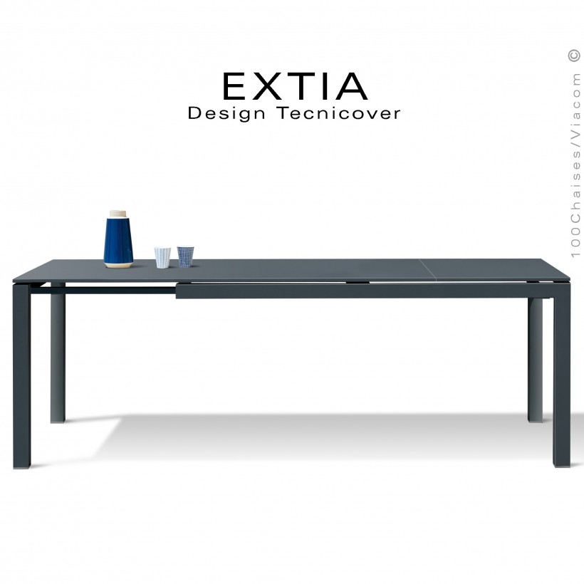 Table repas d'extérieur extensible EXTIA-250, structure acier galvanisé finition peint anthracite, avec rallonge intégrée.