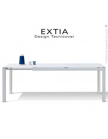 Table repas d'extérieur extensible EXTIA-250, structure acier galvanisé finition peint blanche, avec rallonge intégrée.