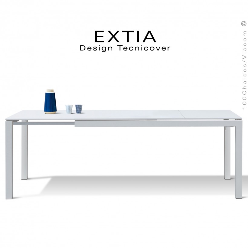 Table repas d'extérieur extensible EXTIA-250, structure acier galvanisé finition peint blanche, avec rallonge intégrée.