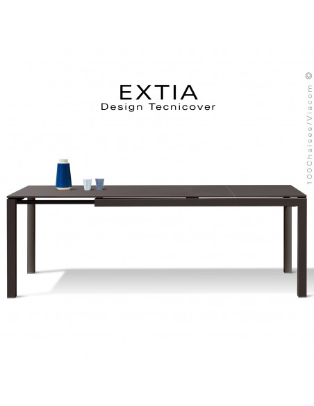 Table repas d'extérieur extensible EXTIA-250, structure acier galvanisé finition peint bronze, avec rallonge intégrée.