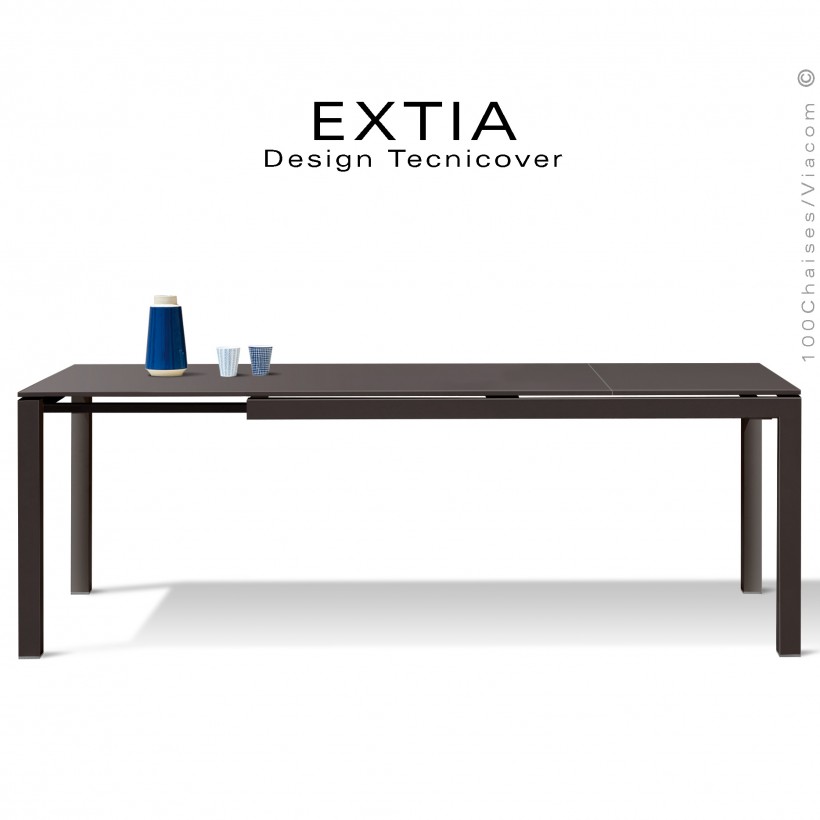 Table repas d'extérieur extensible EXTIA-250, structure acier galvanisé finition peint bronze, avec rallonge intégrée.