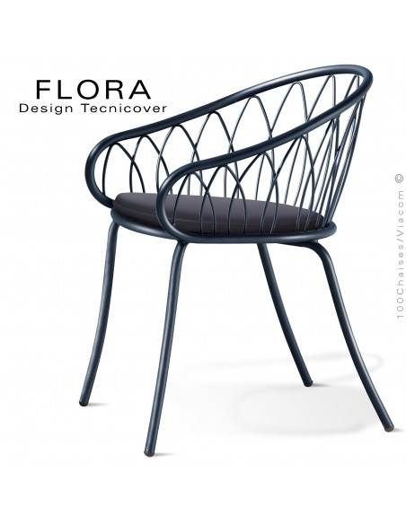 Fauteuil design chic d'extérieur FLORA, structure acier peint anthracite, assise avec coussin habillage tissu anthracite.