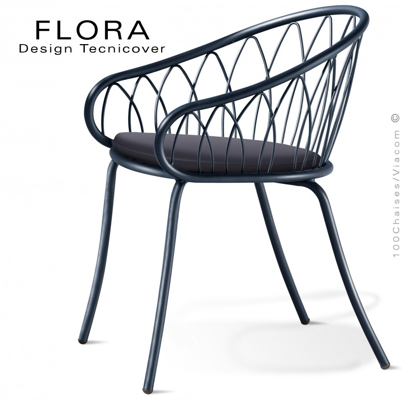 Fauteuil design chic d'extérieur FLORA, structure acier peint anthracite, assise avec coussin habillage tissu anthracite.