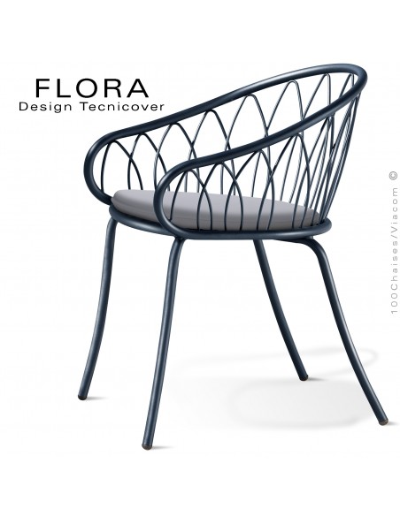 Fauteuil design chic d'extérieur FLORA, structure acier peint anthracite, assise avec coussin habillage tissu argent.