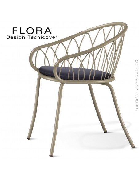 Fauteuil design chic d'extérieur FLORA, structure acier peint beige, assise avec coussin habillage tissu anthracite.