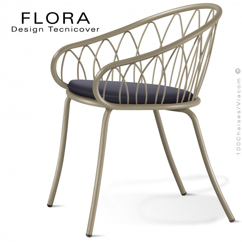 Fauteuil design chic d'extérieur FLORA, structure acier peint beige, assise avec coussin habillage tissu anthracite.