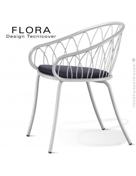 Fauteuil design chic d'extérieur FLORA, structure acier peint blanc, assise avec coussin habillage tissu anthracite.