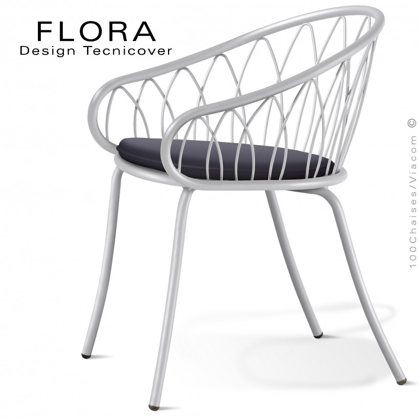 Fauteuil design chic d'extérieur FLORA, structure acier peint blanc, assise avec coussin habillage tissu anthracite.