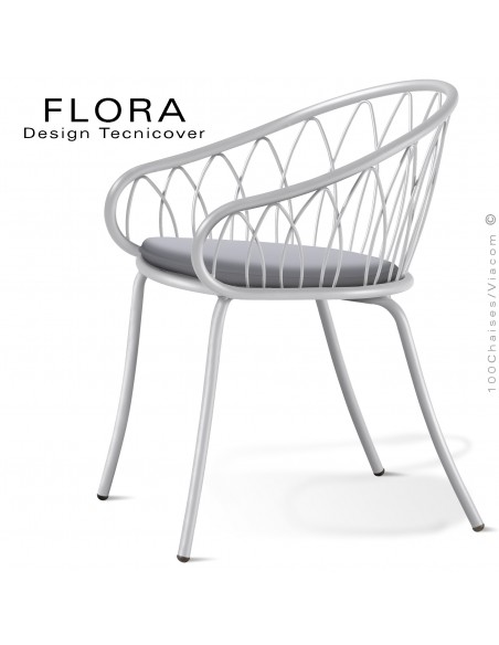 Fauteuil design chic d'extérieur FLORA, structure acier peint blanc, assise avec coussin habillage tissu argent.