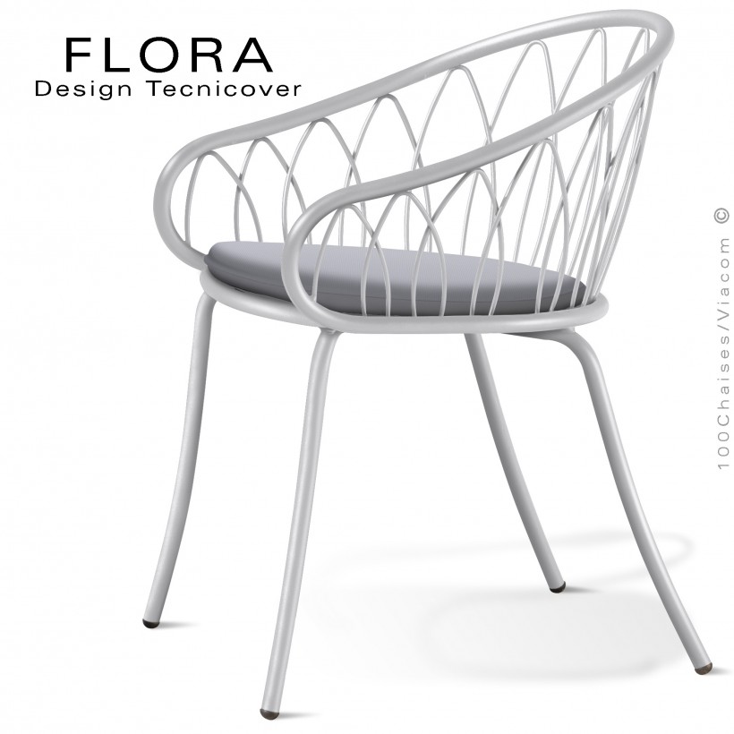 Fauteuil design chic d'extérieur FLORA, structure acier peint blanc, assise avec coussin habillage tissu argent.