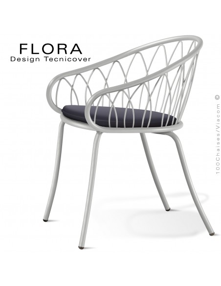 Fauteuil design chic d'extérieur FLORA, structure acier peint blanc perle, assise avec coussin habillage tissu anthracite.