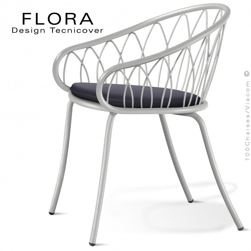 Fauteuil design chic d'extérieur FLORA, structure acier peint blanc perle, assise avec coussin habillage tissu anthracite.