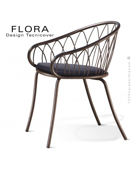 Fauteuil design chic d'extérieur FLORA, structure acier peint bronze, assise avec coussin habillage tissu anthracite.