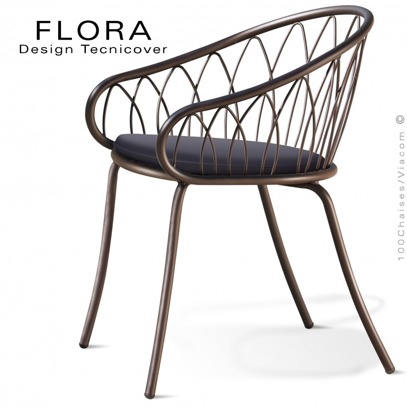 Fauteuil design chic d'extérieur FLORA, structure acier peint bronze, assise avec coussin habillage tissu anthracite.