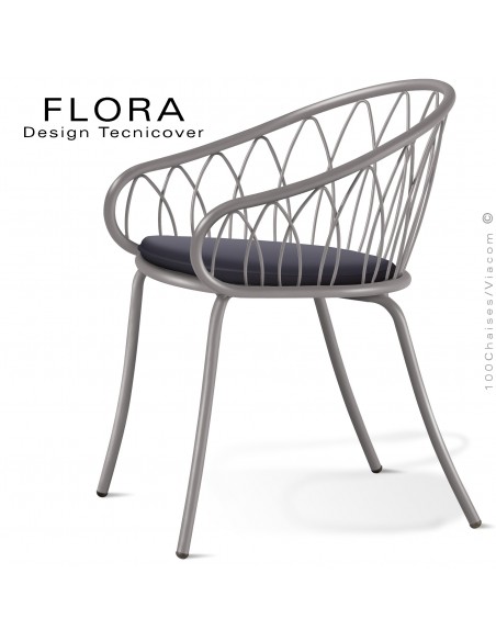 Fauteuil design chic d'extérieur FLORA, structure acier peint gris Tourterelle, assise avec coussin habillage tissu anthracite.