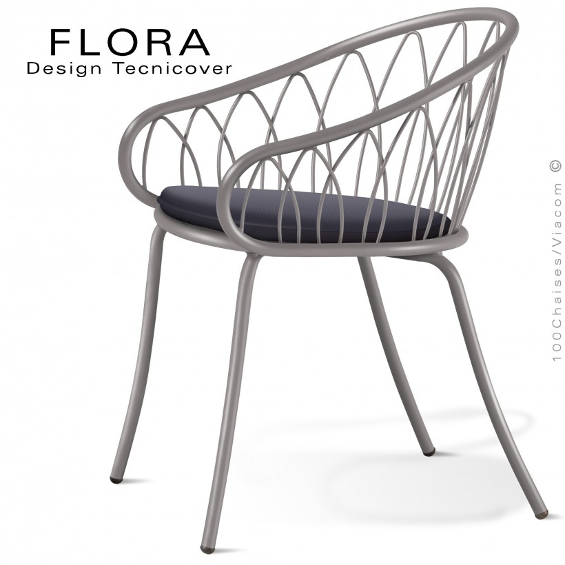 Fauteuil design chic d'extérieur FLORA, structure acier peint gris Tourterelle, assise avec coussin habillage tissu anthracite.