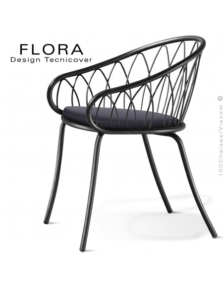 Fauteuil design chic d'extérieur FLORA, structure acier peint noir, assise avec coussin habillage tissu anthracite.