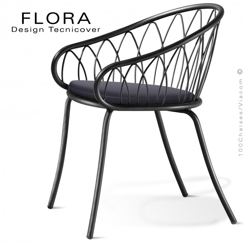 Fauteuil design chic d'extérieur FLORA, structure acier peint noir, assise avec coussin habillage tissu anthracite.