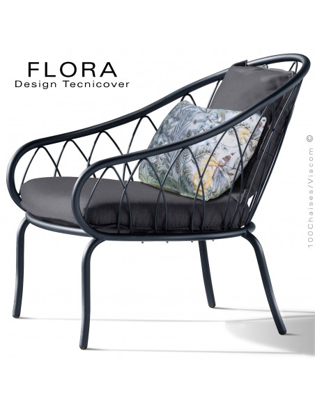 Fauteuil lounge design d'extérieur FLORA, structure acier peint anthracite, assise avec coussin habillage tissu anthracite.