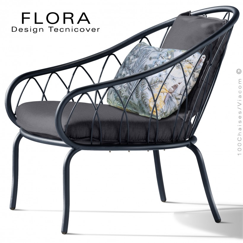 Fauteuil lounge design d'extérieur FLORA, structure acier peint anthracite, assise avec coussin habillage tissu anthracite.